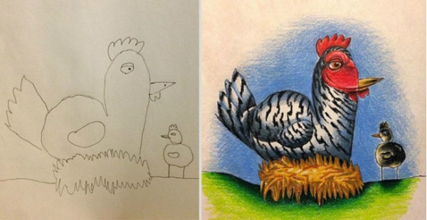 Отец раскрашивает рисунки своих детей, делая из них впечатляющие творения  